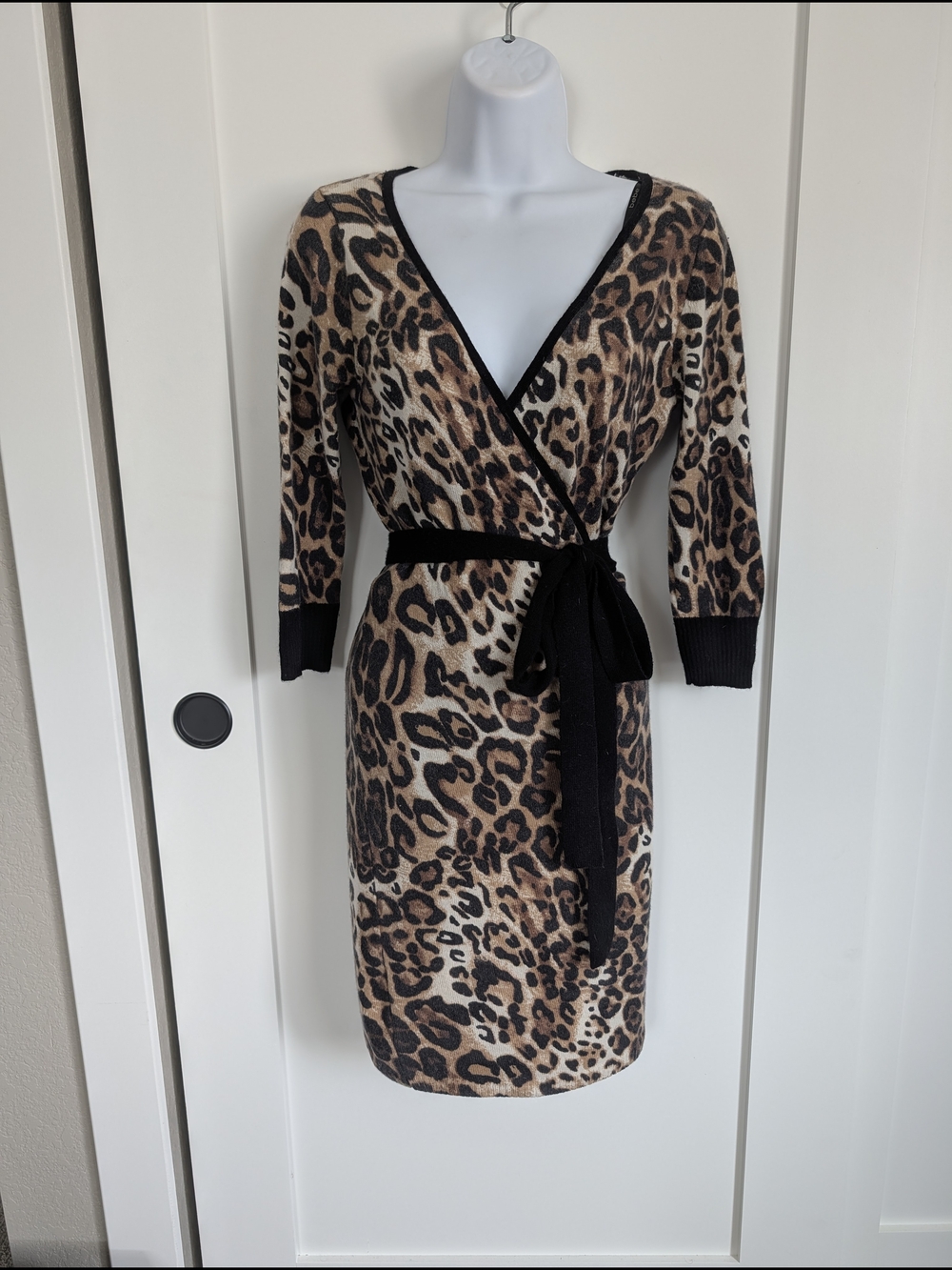 Vintage bebe Leopard-Print Wrap Dress with Black Trim and Belt - 100% Cashmere